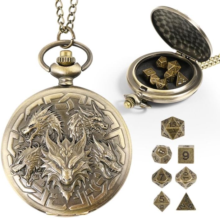 banloga D&D Dice Set,7PCS Metal Dice for Dungeons and Dragons,Mini Dice Set with Pocket Watch Case,Role Playing Board Games Accessories (Dragon, Bronze) - Image 1